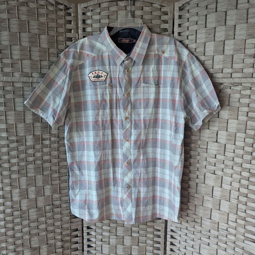 Akoo Button Up Shirt Plaid Graphic Back Logo Utility 3XL Four Oaks No Days Off